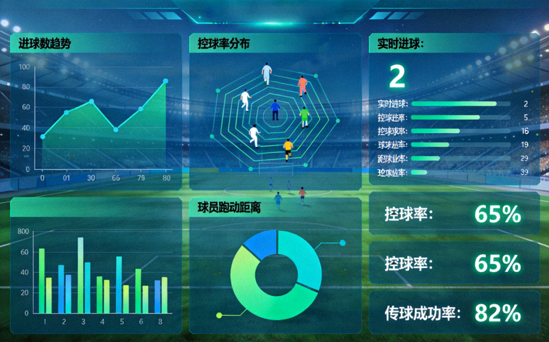 足球数据可视化仪表盘展示图，包含多种图表和实时数据流